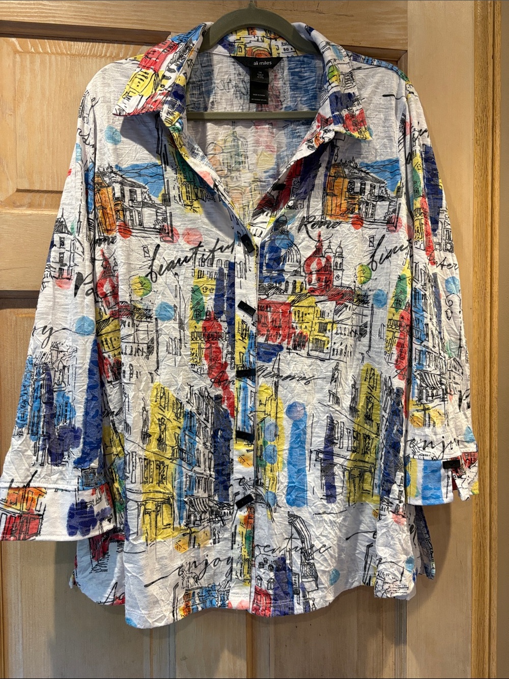 Ali Miles Colorful European Travel Print Top 1X